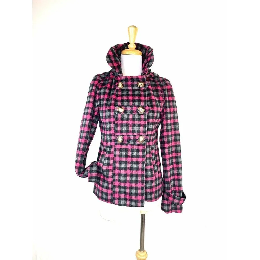 Pink Envelope Women’s Peacoat Hooded Plaid Double Breasted Look Jacket Small - Picture 2 of 11